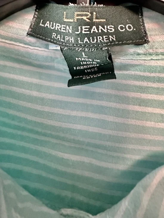 Lauren Ralph Lauren LRL Button Down Lightweight Large Green Stripe Cotton Blouse - Picture 3 of 3